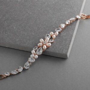 Elegant Rose Gold CZ Statement Bracelet with Genuine Freshwater Pearls